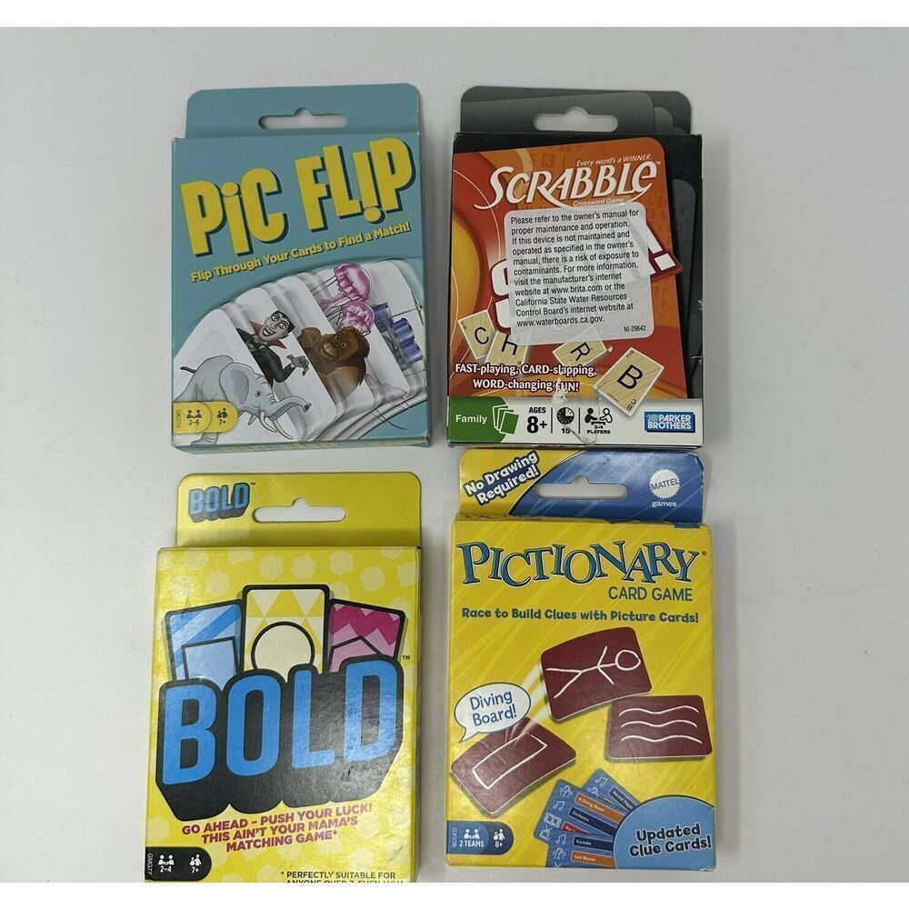 Family Card game lot‎ Of 4 Bold Pic Flip Scrabble Slam Pictionary All New